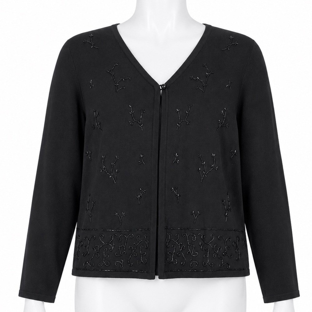 Jenny Buchanan Cardigan Size M Black Beaded V-Neck Button Front Long Sleeve Knit